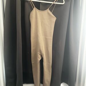 Zara Ribbed Spaghetti-Strap Jumpsuit in Beige